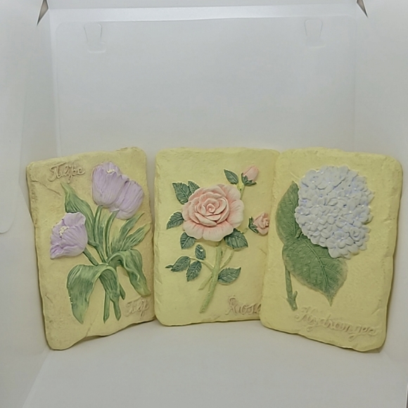 Set 3 Wall Placques Floral  Tulip Rose Hydrangea New - Picture 1 of 8